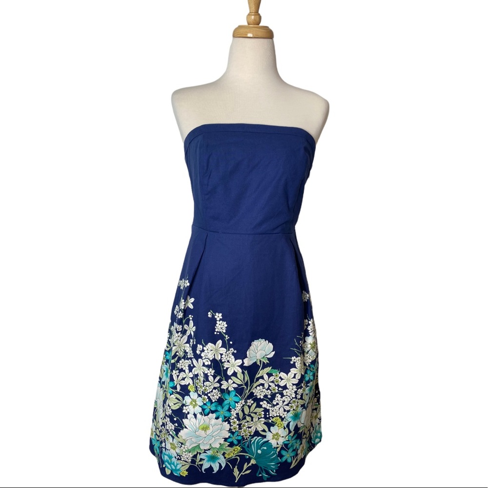 Old Navy Blue Strapless Cotton Twill Dress w/Flower Design & Elastic Back Size 8